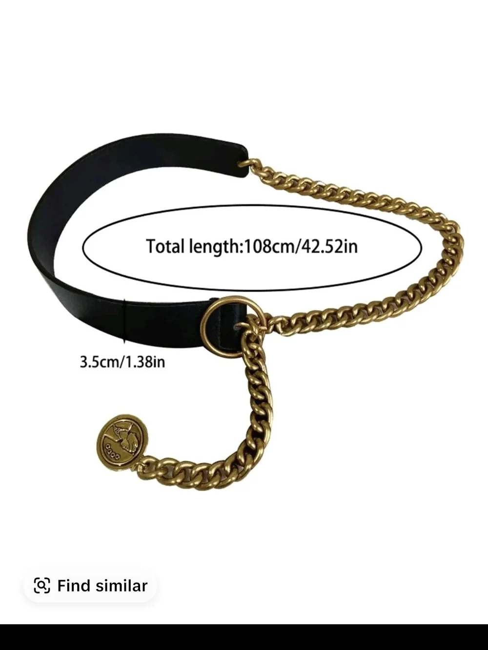 Black Faux Leather Belt with Gold Chain Ring Accent